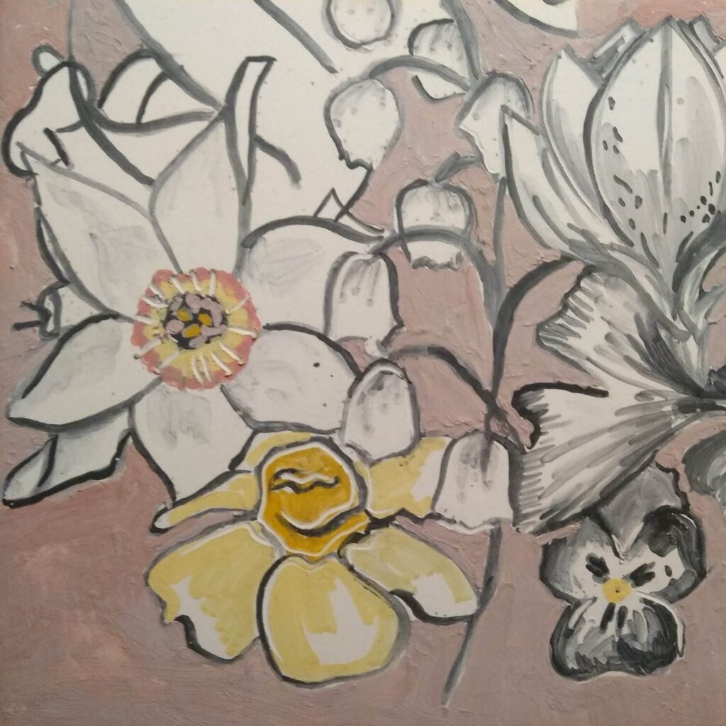 Panel ceramiczny - fragment przed wypałem, kwiat narcyza i bratek