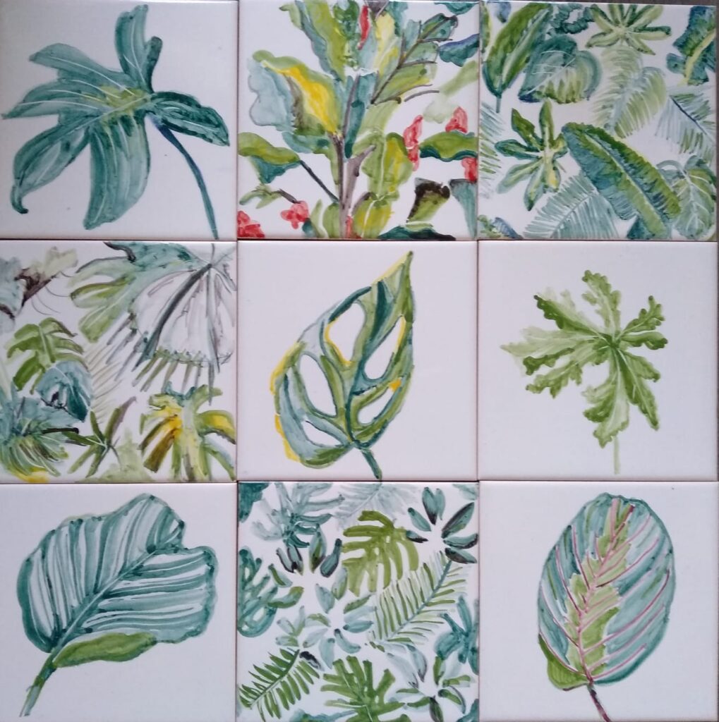 Pojedyncze liście roślin domowych i mix różnych liści na innych kaflach