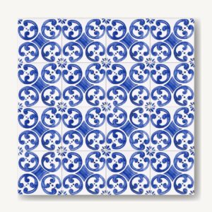 rytmicznie ułożony wzór Alameda, ręcznie malowane ornamenty azulejos, niebieskie