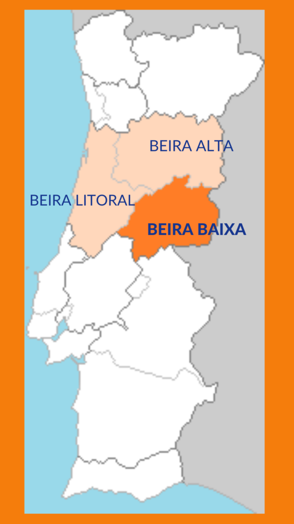 Mapa Portugalii z podziałem na regiony i zaznaczeniem obszaru, który zajmuje Beira