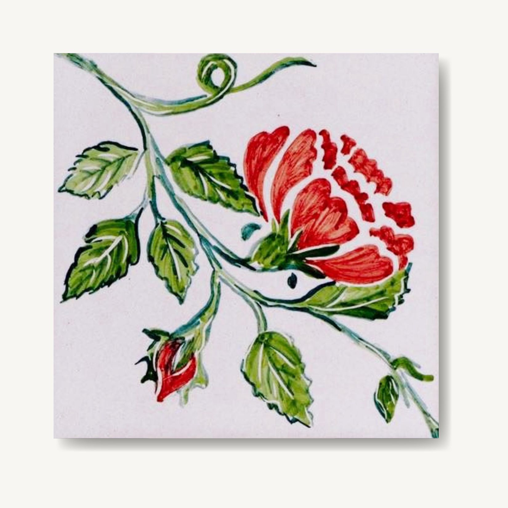 Kafelek z malowanym wzorem róży/goździka, czerwony