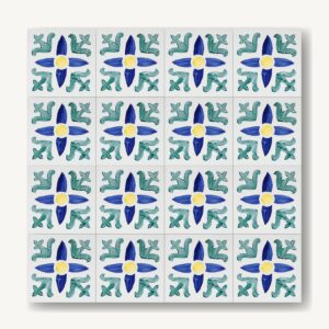 Geometryczne płytki azulejos w kuchni, żółto-zielono-niebieskie, rytmiczny układ