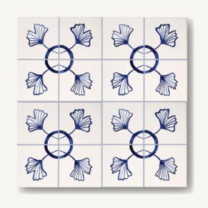 rytmicznie ułożony wzór Ginko, ręcznie malowane ornamenty azulejos, niebieskie