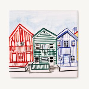 Kolorowe domki z Costa Nova namalowane na płytce ceramicznej