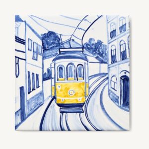 Kafelek z widokiem Lizbony i jej najbardziej znany tramwaj, wszystko ręcznie malowane na płytce ceramicznej