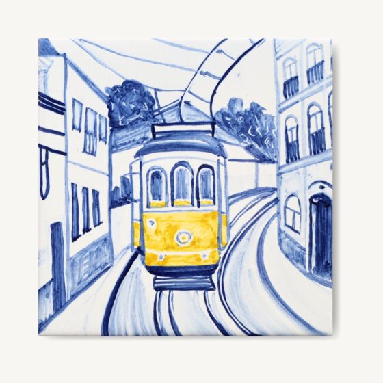 Kafelek z widokiem Lizbony i jej najbardziej znany tramwaj, wszystko ręcznie malowane na płytce ceramicznej