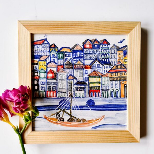 Ręcznie malowany kafelek z widokiem na Porto oprawiony w ramkę drewnianą