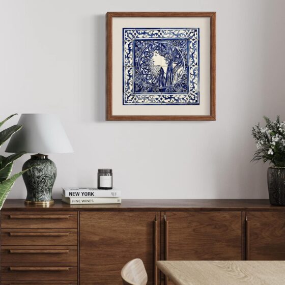 Niebieska Dama namalowana ręcznie na kafelkach według litografii Muchy i oprawiona w ramę