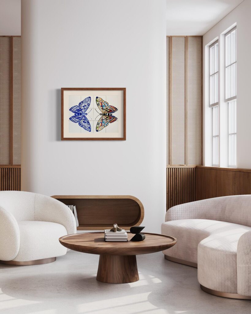 Motyle kolorowe w ramie wiszące w salonie