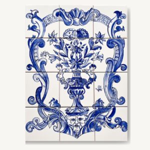 Obraz z 12 kafli malowanych ręcznie, niebieska kompozycja z kwiatami i cherubinami