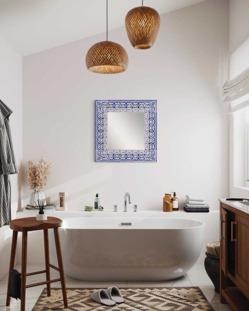 lustro w ręcznie malowanej ramie wiszące nad wanną