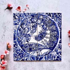 Obraz namalowany na 4 kafelkach przedstawiający kobietę z litografii Muchy