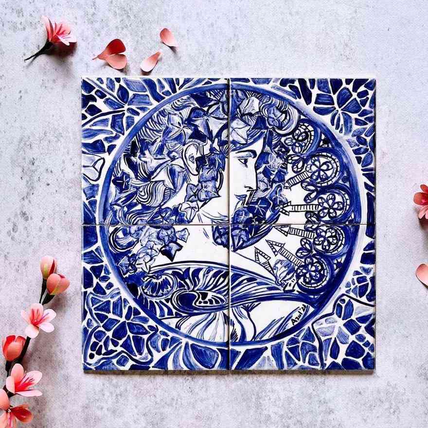 Obraz namalowany na 4 kafelkach przedstawiający kobietę z litografii Muchy