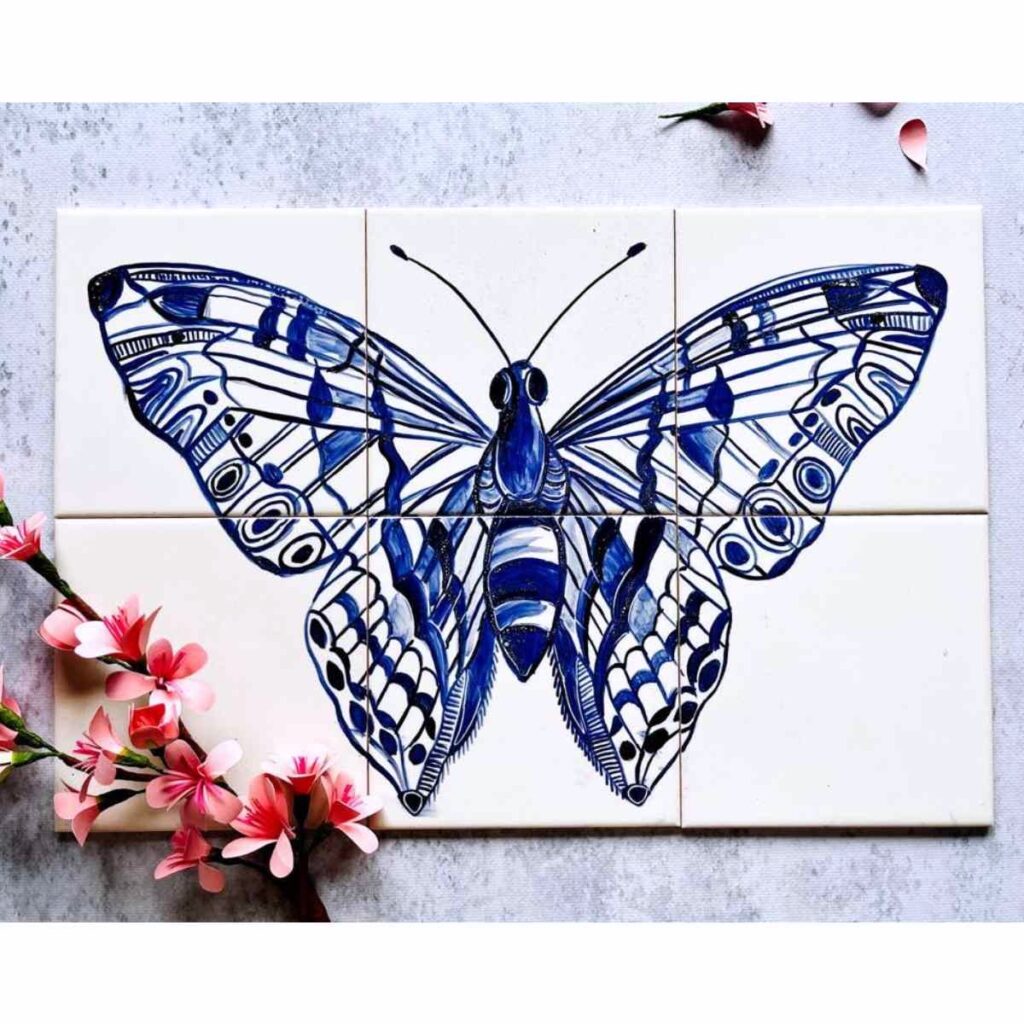 Imago Niebieski to zachwycający niebieski motyl ręcznie namalowany na 6 płytkach ceramicznych