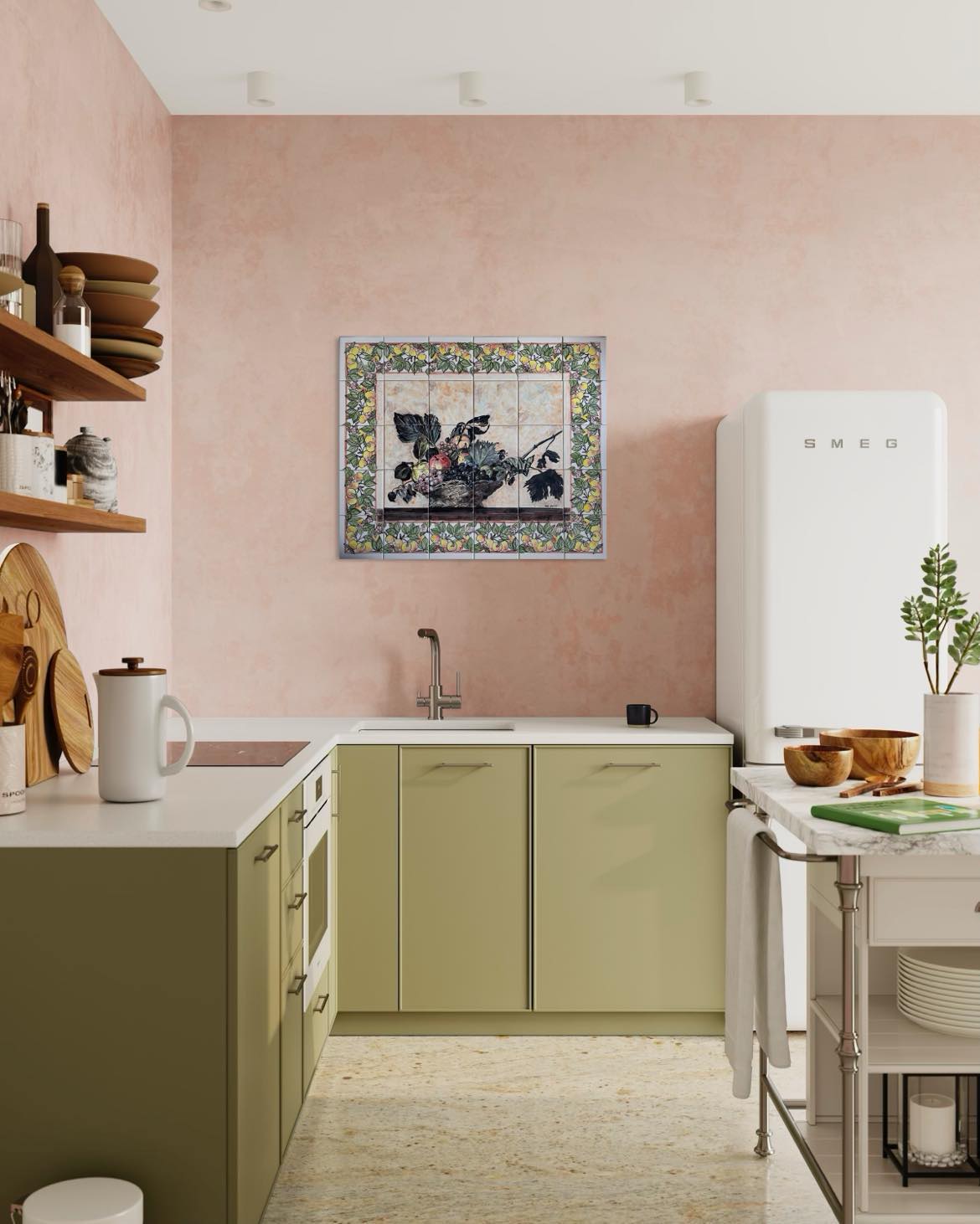 kuchnia z pistacjowymi frontami, różowymi frontami i obrazem z kafli ręcznie malowanym