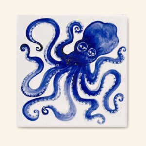 kafelek z ośmiornicą, ręcznie malowany, niebieski