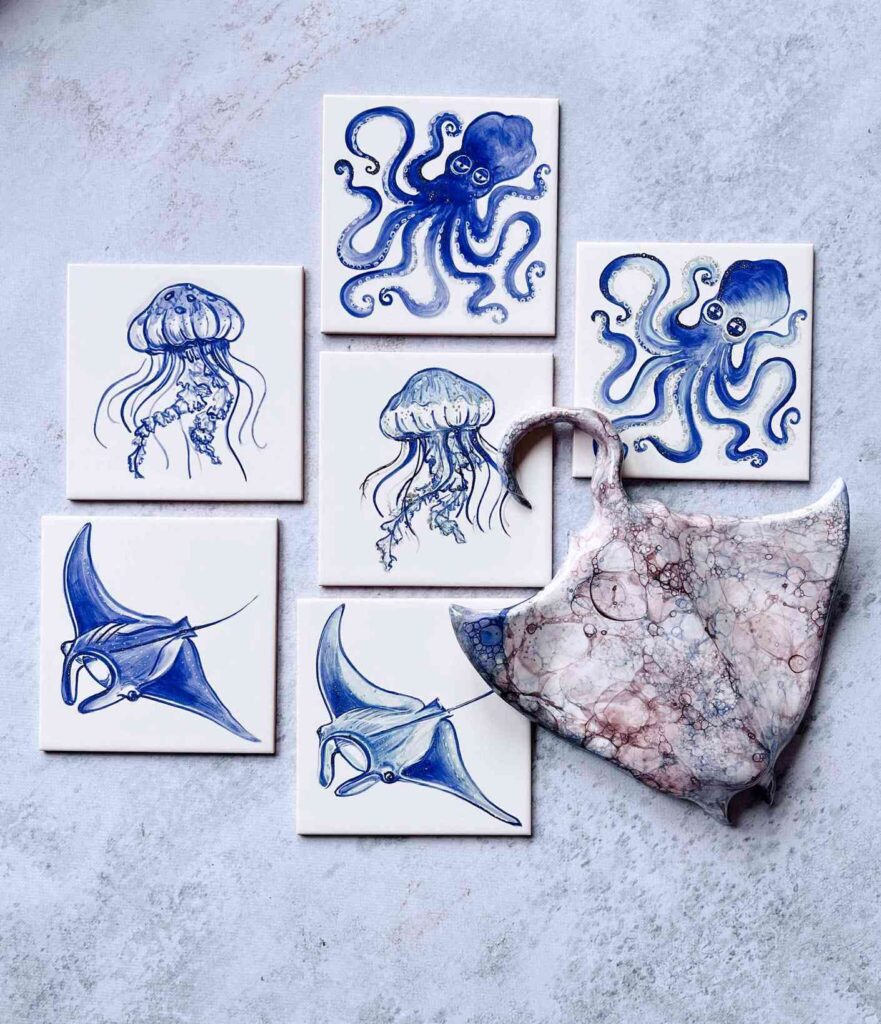 kafelki z morskimi stworzeniami - niebieskie i kolorowe - komplet