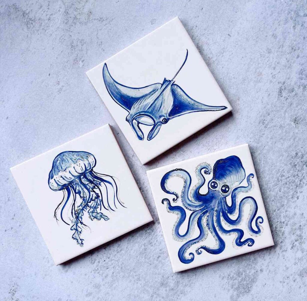3 kafelki z motywem morskich stworzeń - ośmiornica, meduza i płaszczka, kolorowe