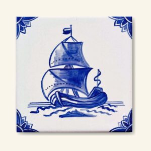 Fluita statek namalowany na kafelku ceramicznym holenderski styl