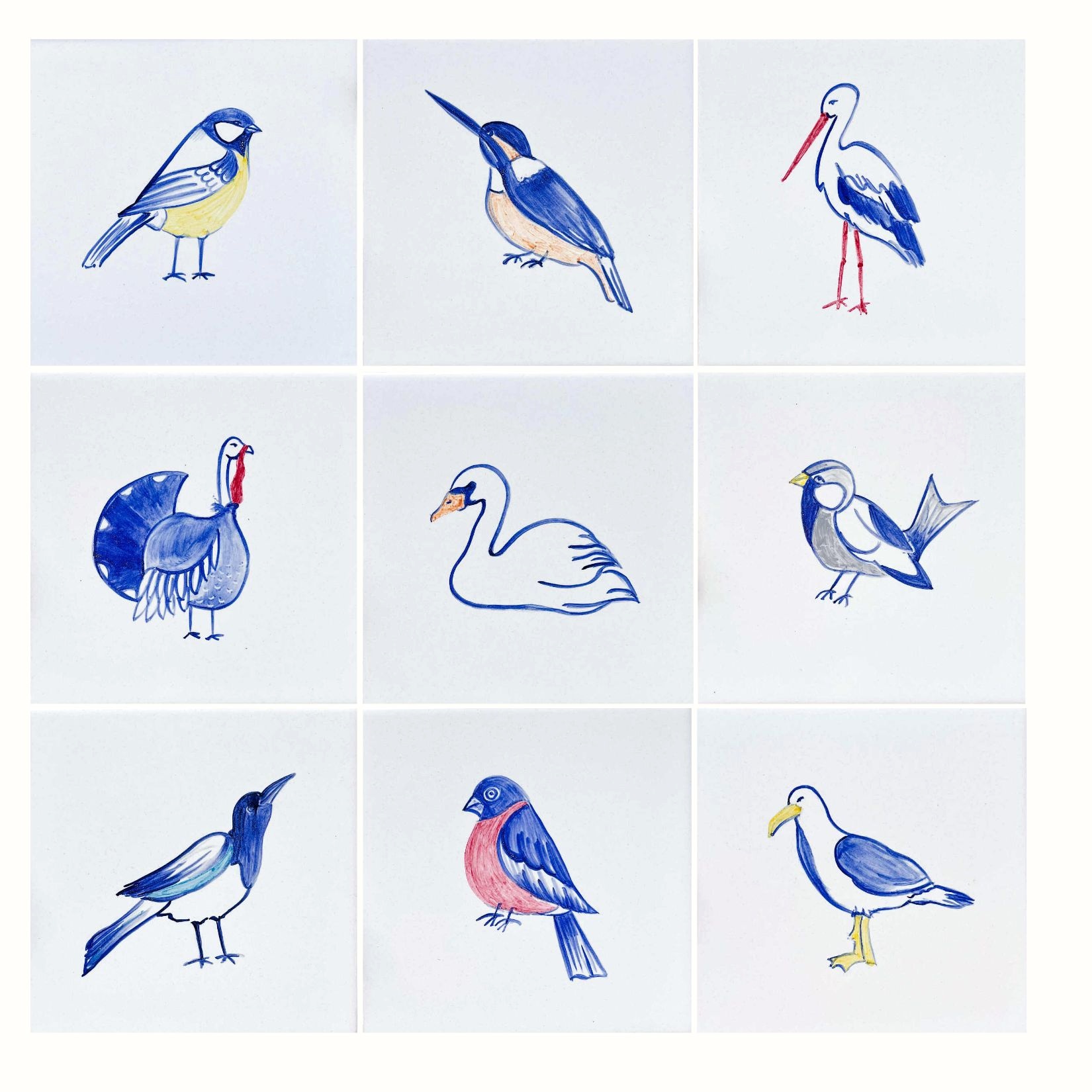 mix 9 kafli z wzorami ilustrującymi ptaki Polski - niebiesko-kolorowe