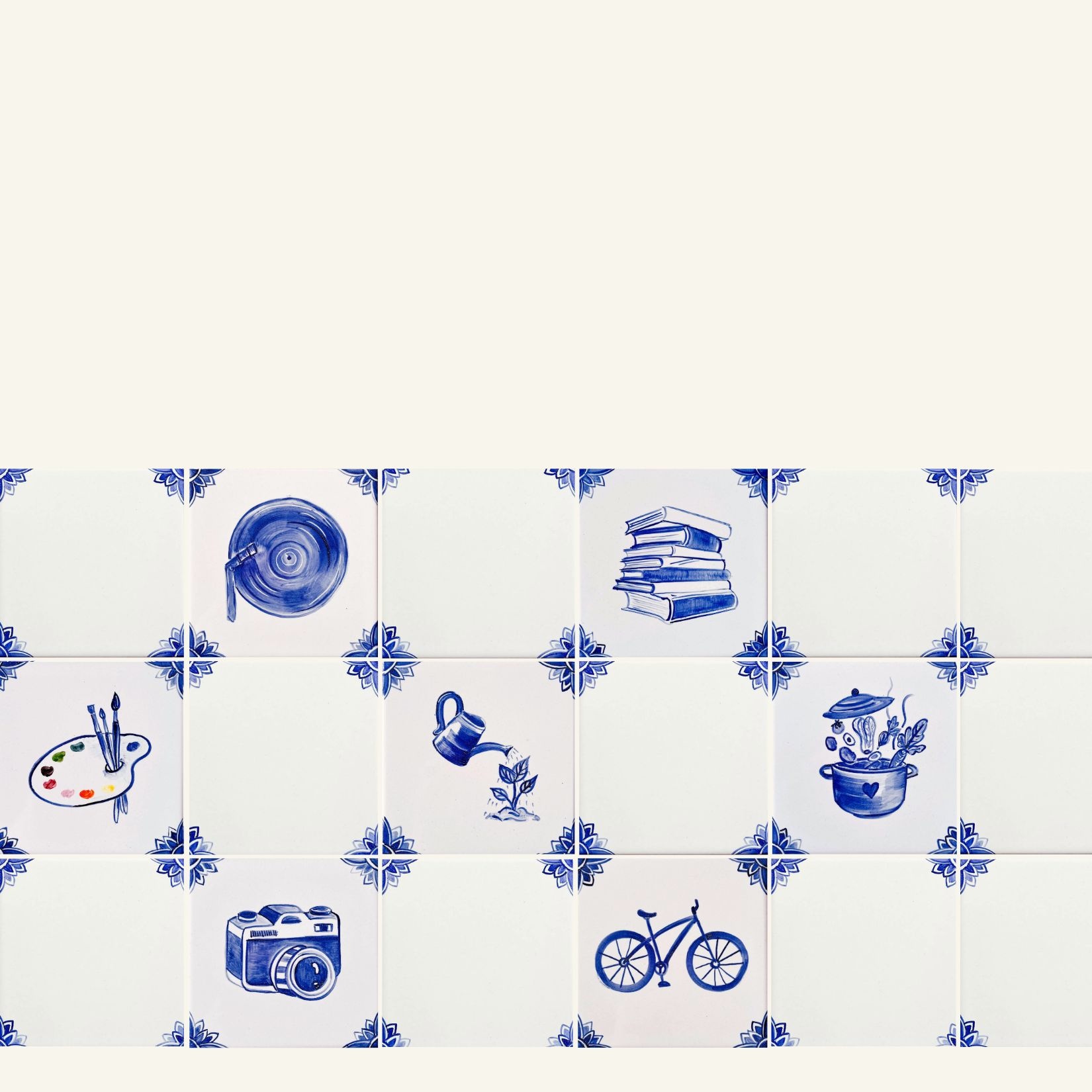 mix motywów hobbystycznych namalowanych na kafelkach ceramicznych