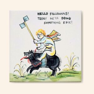 Anioł na dzikim psie jadący - kafelek malowany ręcznie kolorowy, współpraca z Very Ugly Plates