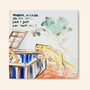 Lampart przeglądający się w lustrze - kafelek malowany ręcznie kolorowy, współpraca z Very Ugly Plates