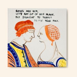 kafelek malowany ręcznie kolorowy, współpraca z Very Ugly Plates, on i ona