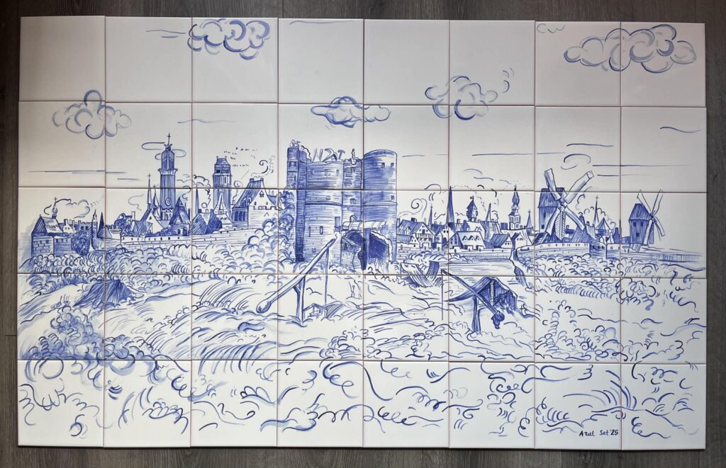 Widok Antwerpii namalowany na kafelkach ceramicznych, niebieski wzór