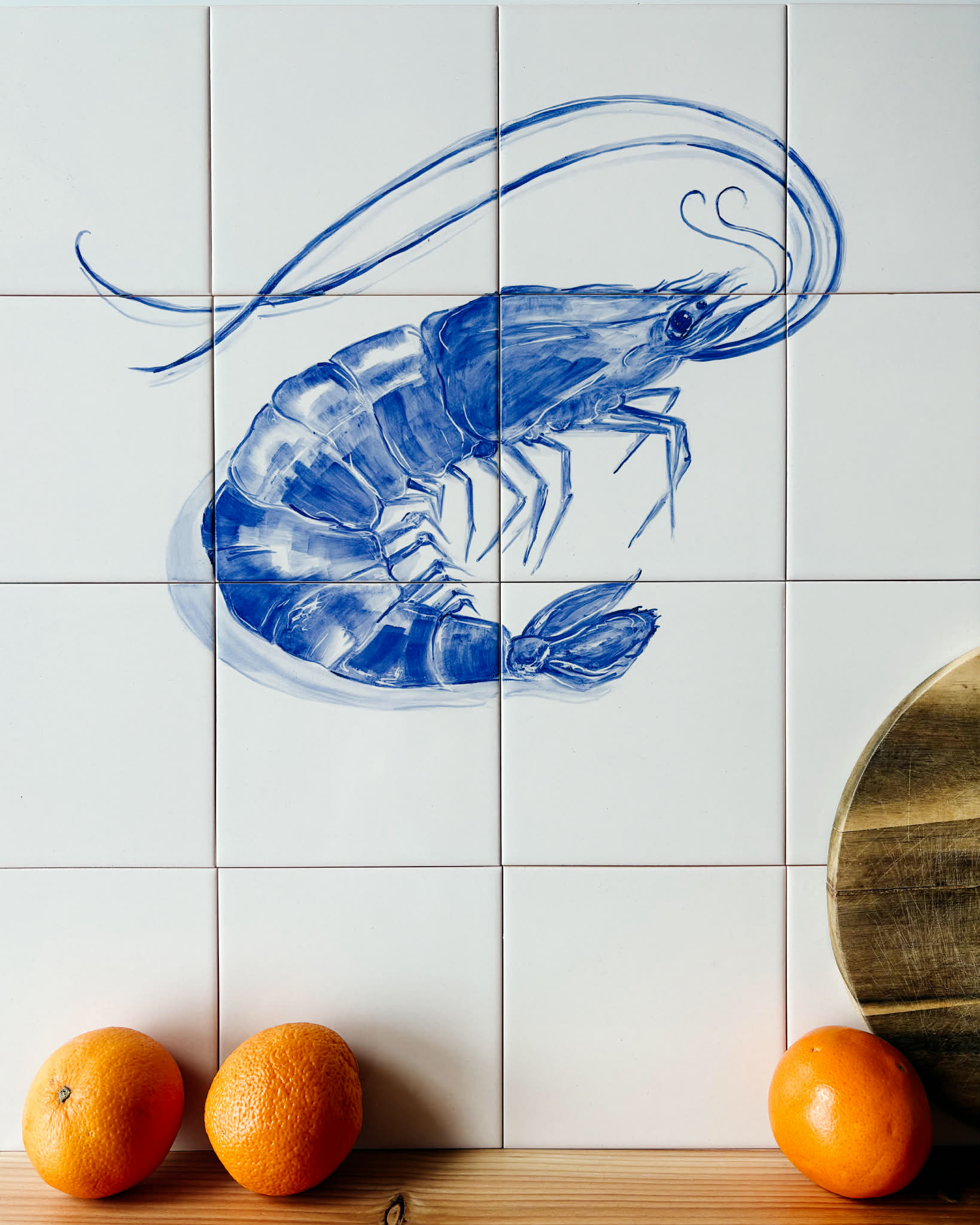 Kuchenny fartuch z panelem ceramicznym z krewetką i pomarańcze