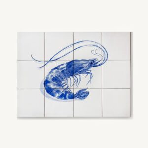 Panel cermiczny z 12 kafelków z krewetką ręcznie malowanym, niebieski