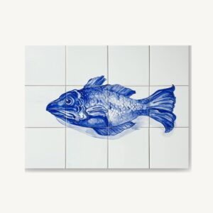 Panel cermiczny z 12 kafelków z rybą ręcznie malowanym, niebieski